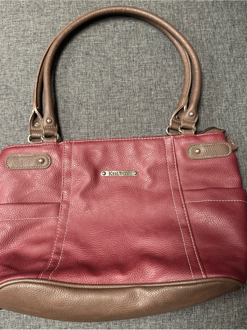 Koltov Red Faux Leather Shoulder Bag Brown Trim Tote Purse Double Handle Medium
